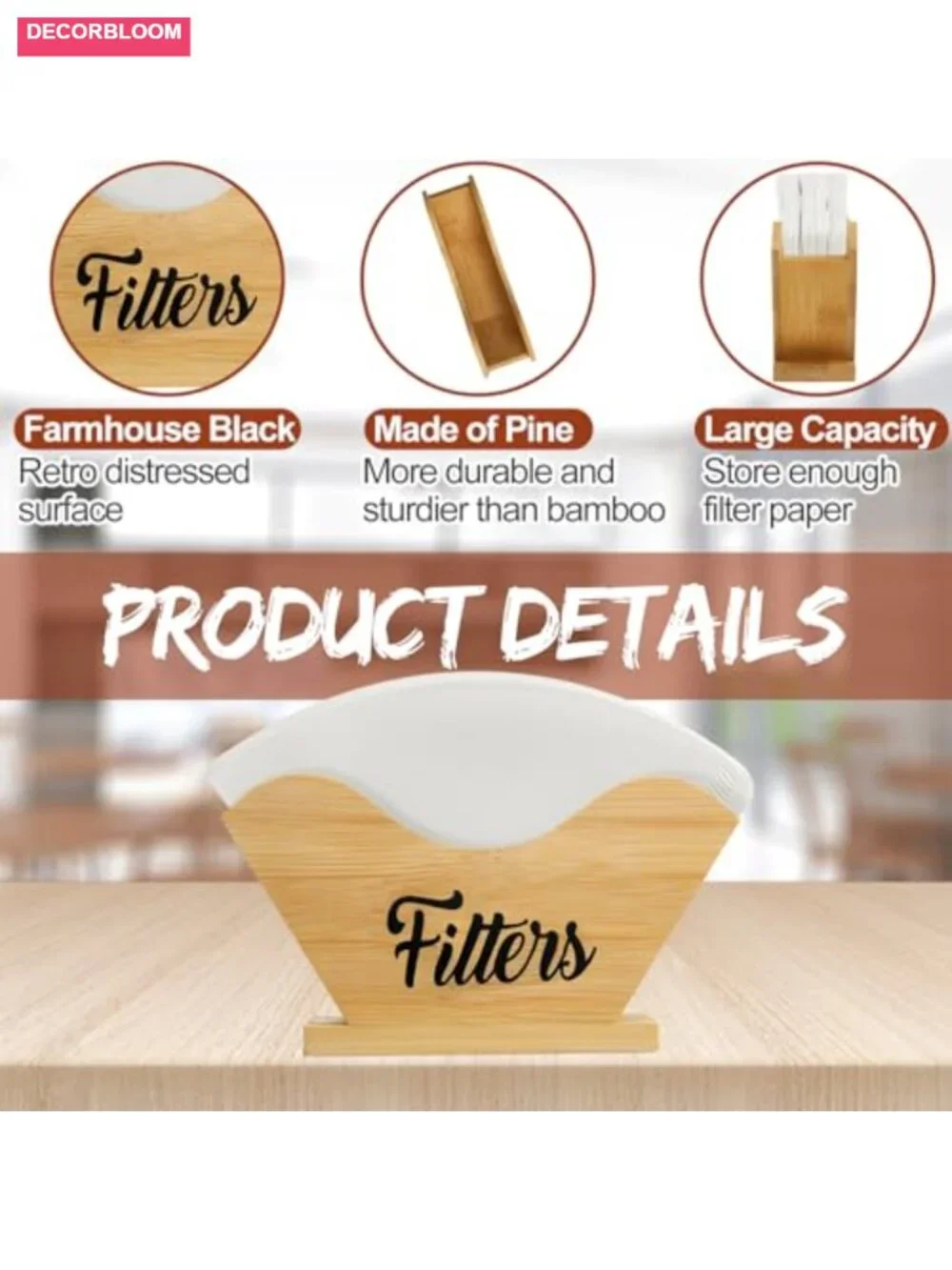 Solid Wood Farmhouse Coffee Filter Holder Storage Bamboo Color
